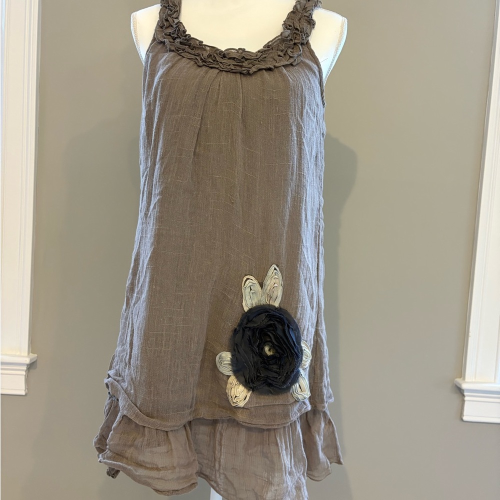 Blue Bird Taupe Tunic with Floral Appliqué Accent - Small